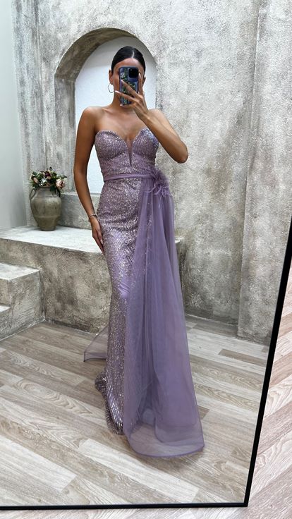 Lilac Strapless Embroidered Detail Feather Floral Design Evening Dress