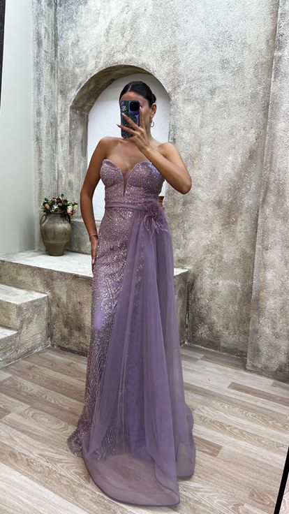 Lilac Strapless Embroidered Detail Feather Floral Design Evening Dress