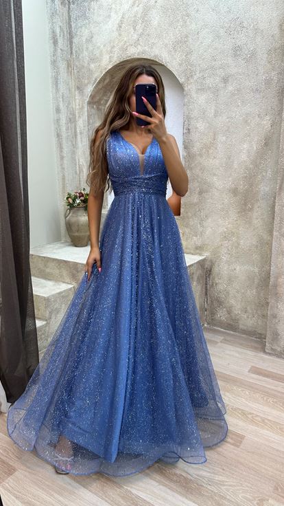 Mavi Simli Tül Abiye Elbise