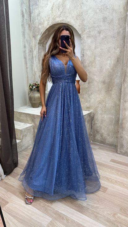 Mavi Simli Tül Abiye Elbise