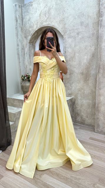 Yellow Rope Strap Boat Neck Embroidered Detail Design Satin Evening Dress