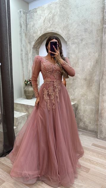 Powder V-Neck Stone Embroidery Detailed Design Tulle Evening Dress