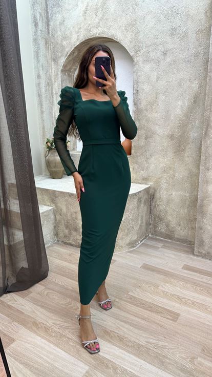 Emerald Green Square Neck Sleeves Tulle Design Midi Length Dress