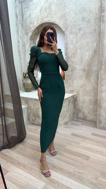 Emerald Green Square Neck Sleeves Tulle Design Midi Length Dress