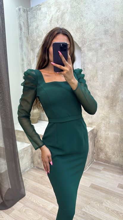 Emerald Green Square Neck Sleeves Tulle Design Midi Length Dress