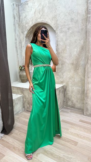 Yeşil Tek Omuz Drapeli Bel Detay Saten Abiye Elbise