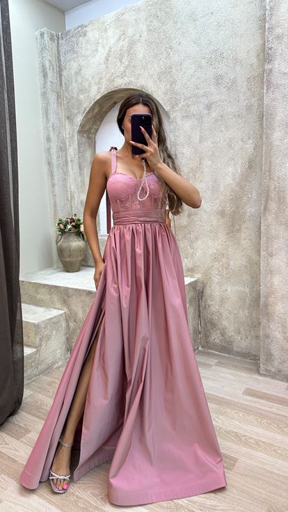Pembe İp Askılı Transparan Detay Abiye Elbise