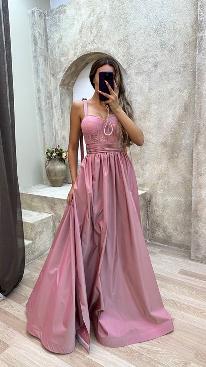 Pembe İp Askılı Transparan Detay Abiye Elbise
