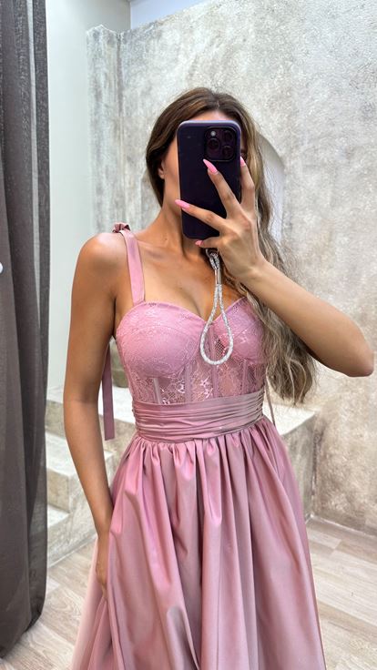 Pembe İp Askılı Transparan Detay Abiye Elbise