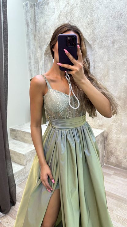 Mint Yeşili İp Askılı Transparan Detay Abiye Elbise
