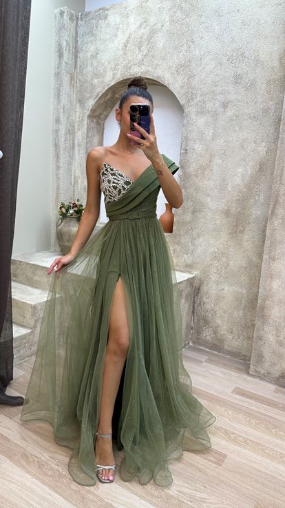 Khaki Strapless One Shoulder Embroidery Detail Design Tulle Evening Dress