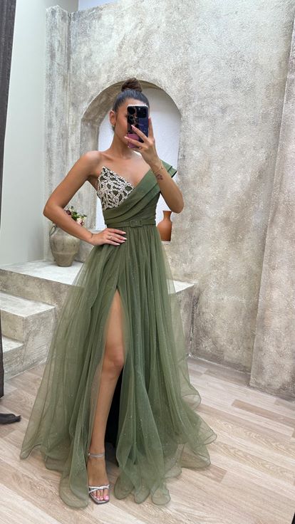 Khaki Strapless One Shoulder Embroidery Detail Design Tulle Evening Dress