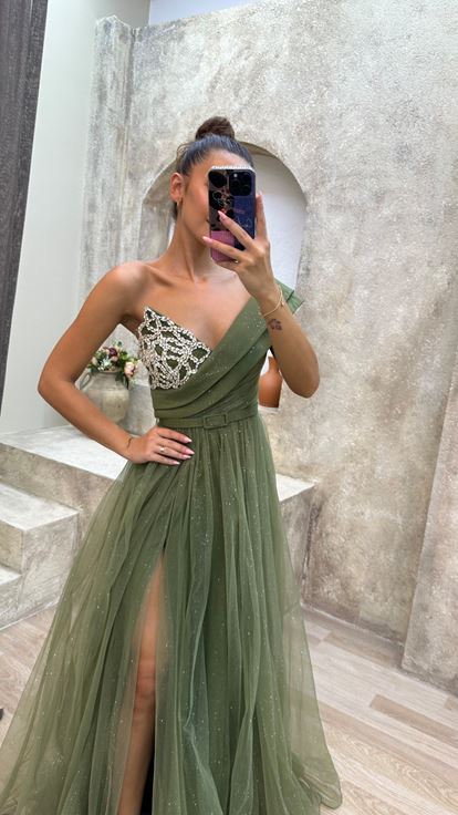 Khaki Strapless One Shoulder Embroidery Detail Design Tulle Evening Dress