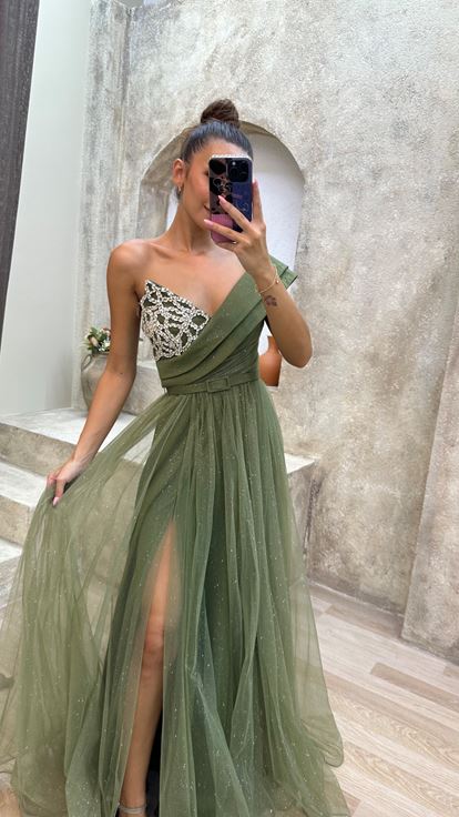 Khaki Strapless One Shoulder Embroidery Detail Design Tulle Evening Dress