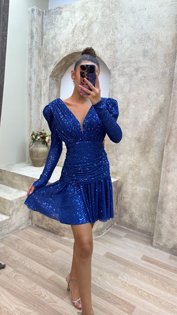 Saks Minikleid mit V-Ausschnitt und Schultern, Ballon-Pailletten und Pailletten