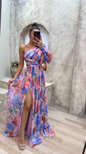 Powder One Sleeve Shoulder Detail Floral Dress
