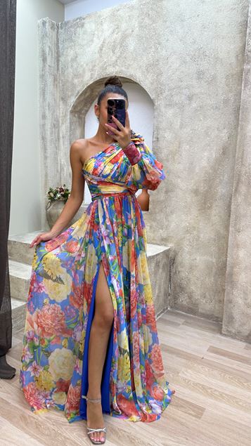 Yellow One Sleeve Shoulder Detail Floral Dress