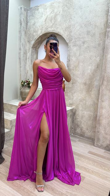 Fuchsia Strapless Détail Cordon de serrage Satin Robe de soirée
