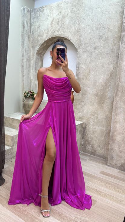 Fuchsia Strapless Detail Pleated Design Satin Evening Dress