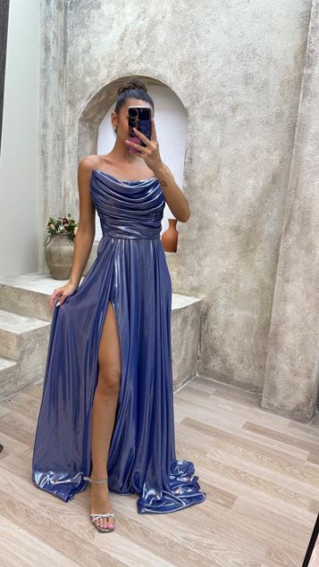 Indigo Strapless Détail Cordon de serrage Satin Robe de soirée