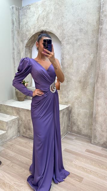 Lilac Single Sleeve Waist Detail Embroidered Draped Evening Dress