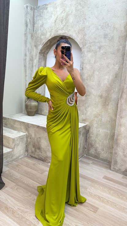 Yellow Single Sleeve Waist Detail Embroidered Draped Evening Dress