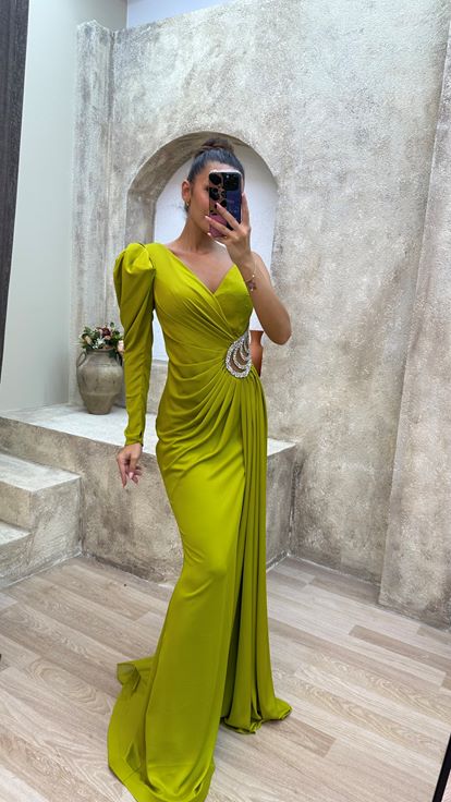 Yellow Single Sleeve Waist Detail Embroidered Draped Evening Dress