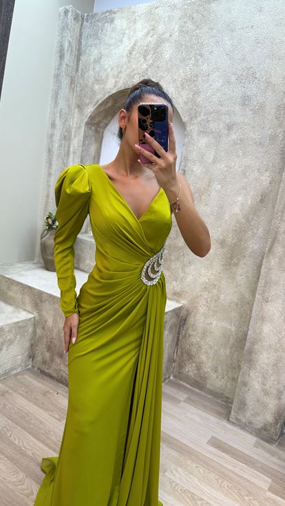 Yellow Single Sleeve Waist Detail Embroidered Draped Evening Dress