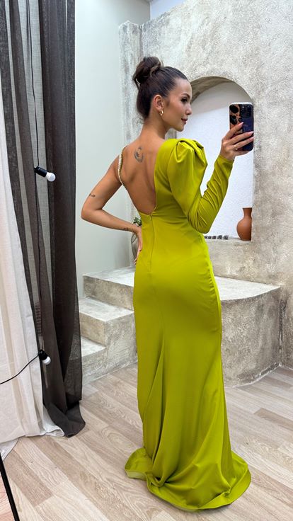 Yellow Single Sleeve Waist Detail Embroidered Draped Evening Dress