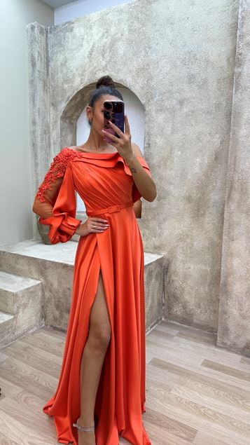 Orange Single Sleeve Floral Embroidery Detail Draped Design Evening Dress
