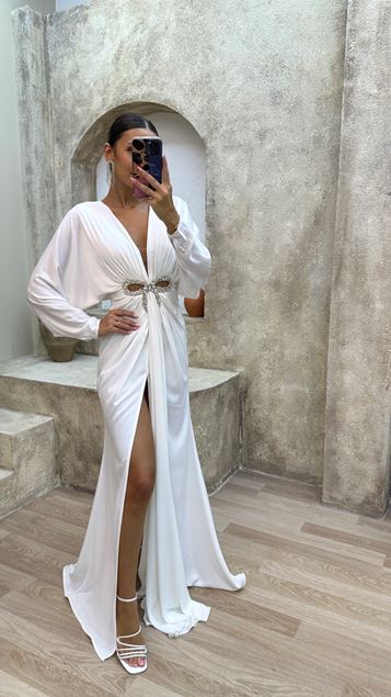 Blanc col en V Détail de la taille Fente Drapé Robe de soirée