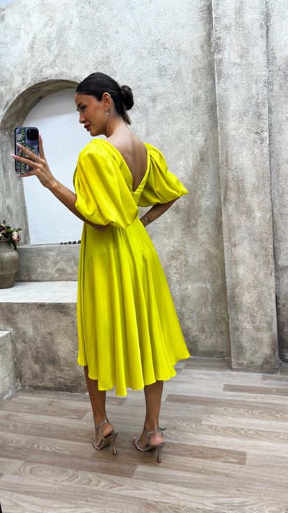 Green Double Breasted Neck Balloon Sleeve Evening Dress