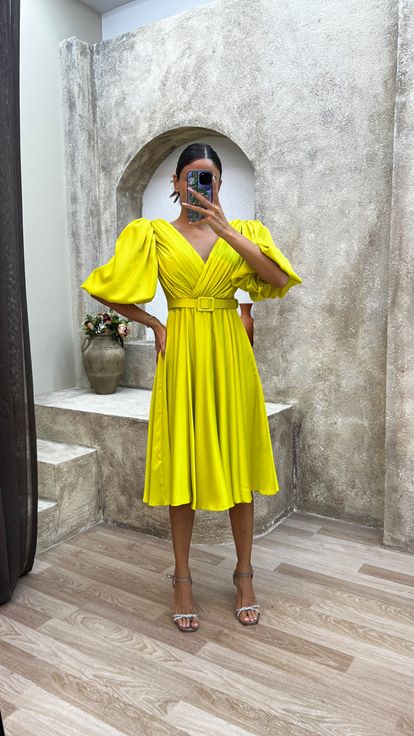 Green Double Breasted Neck Balloon Sleeve Evening Dress