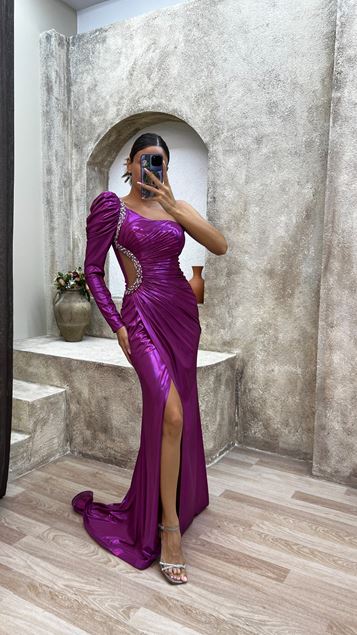 Fucsia manica singola in vita dettaglio ricamato drappeggiato abito da sera drappeggiato