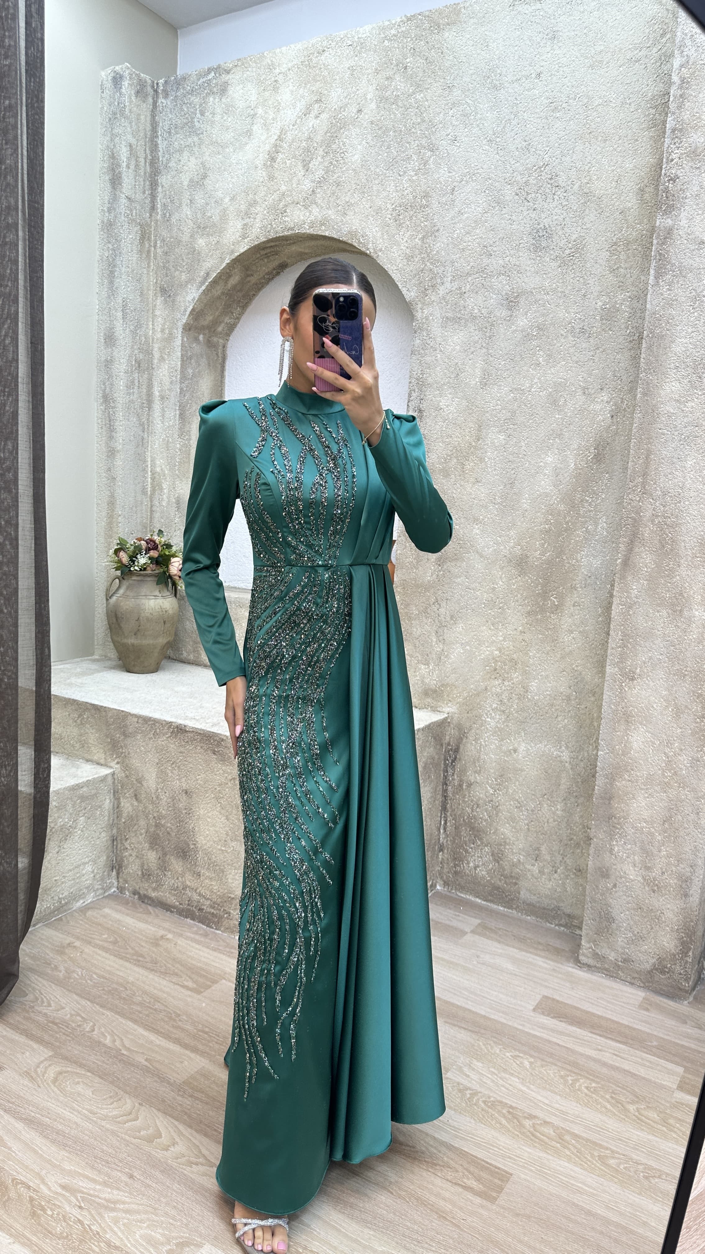 Emerald Embroidered Satin Hijab Evening Dress