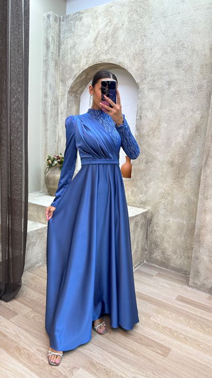 Blue Embroidered Satin Hijab Evening Dress
