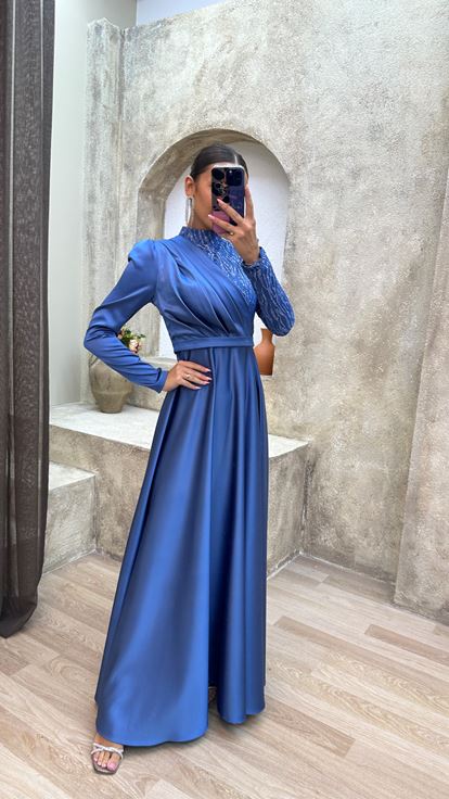 Blue Embroidered Satin Hijab Evening Dress