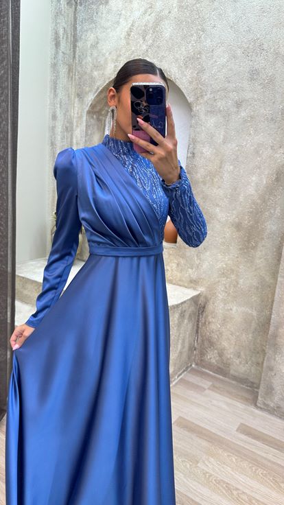 Blue Embroidered Satin Hijab Evening Dress
