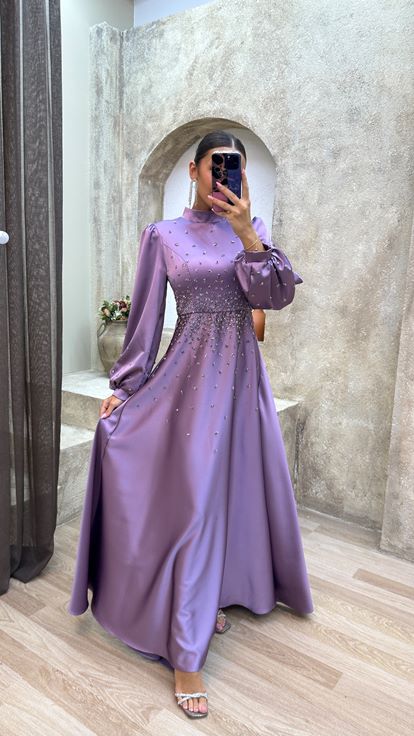 Hijab Robe Soiree Lilas Robe De Soire Satin 52880-04 Lilas 52880-04  Sefamerve