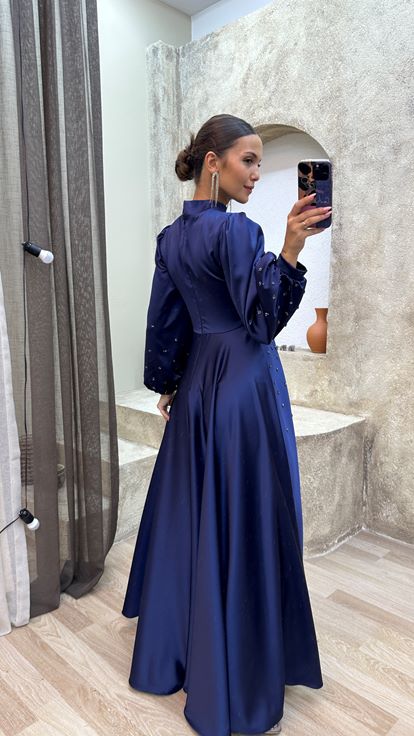 Navy Blue Stone Detailed Embroidered Hijab Evening Dress