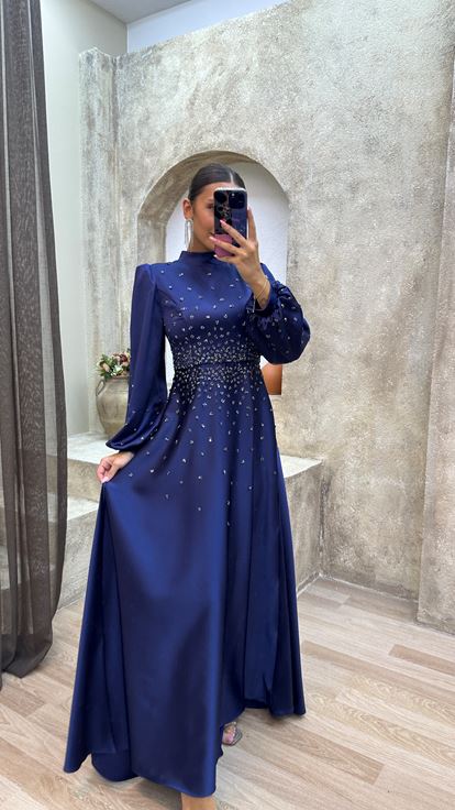Navy Blue Stone Detailed Embroidered Hijab Evening Dress
