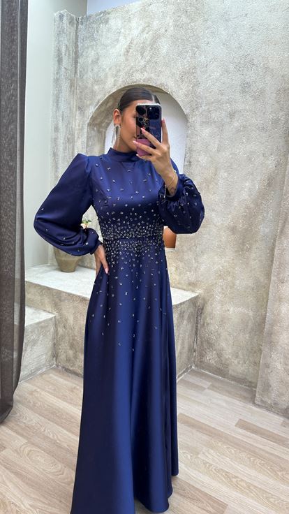 Navy Blue Stone Detailed Embroidered Hijab Evening Dress