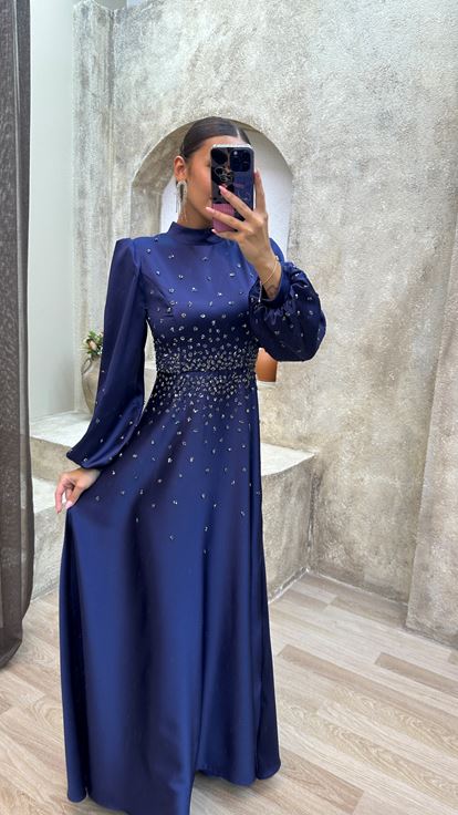 Navy Blue Stone Detailed Embroidered Hijab Evening Dress