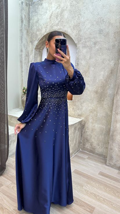 Navy Blue Stone Detailed Embroidered Hijab Evening Dress