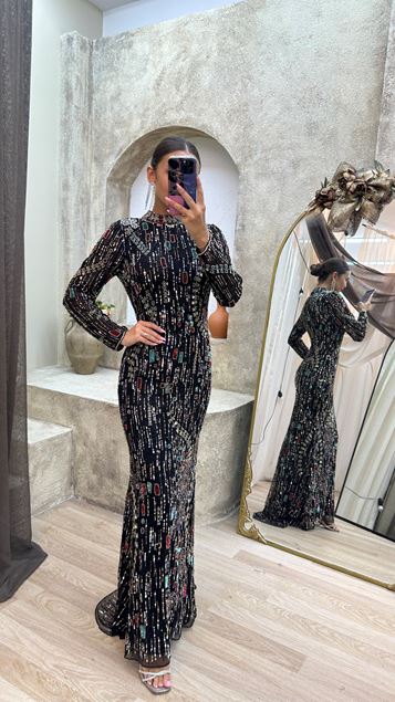 Black Stone Embroidery Detail Design Dress