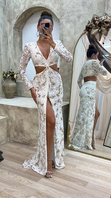 White V-Neck Waist Detail Special Embroidered Design Dress