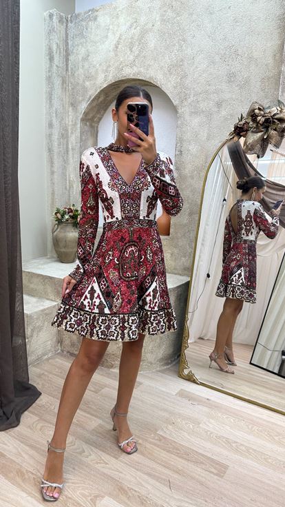 Red V Neck Back Detail Special Hand Embroidered Mini Dress