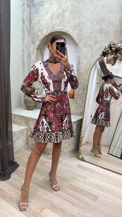 Red V Neck Back Detail Special Hand Embroidered Mini Dress