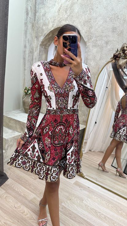 Red V Neck Back Detail Special Hand Embroidered Mini Dress