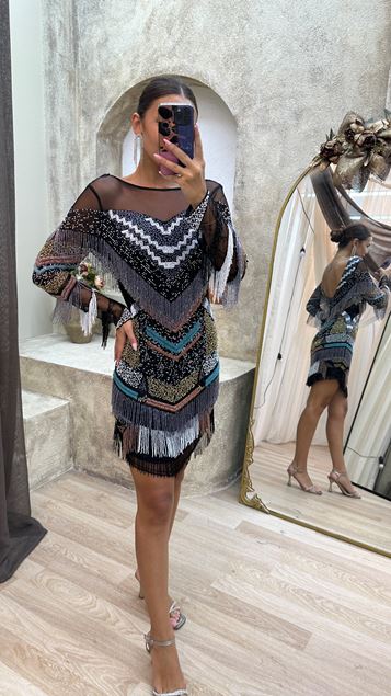 Black Transparent Detail Special Embroidered Dress